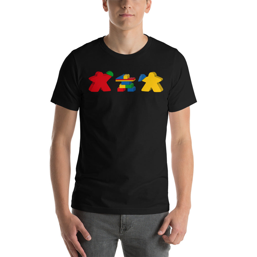 Meeples Playing with Toy Building Bricks Colorful - Unisex T-shirt