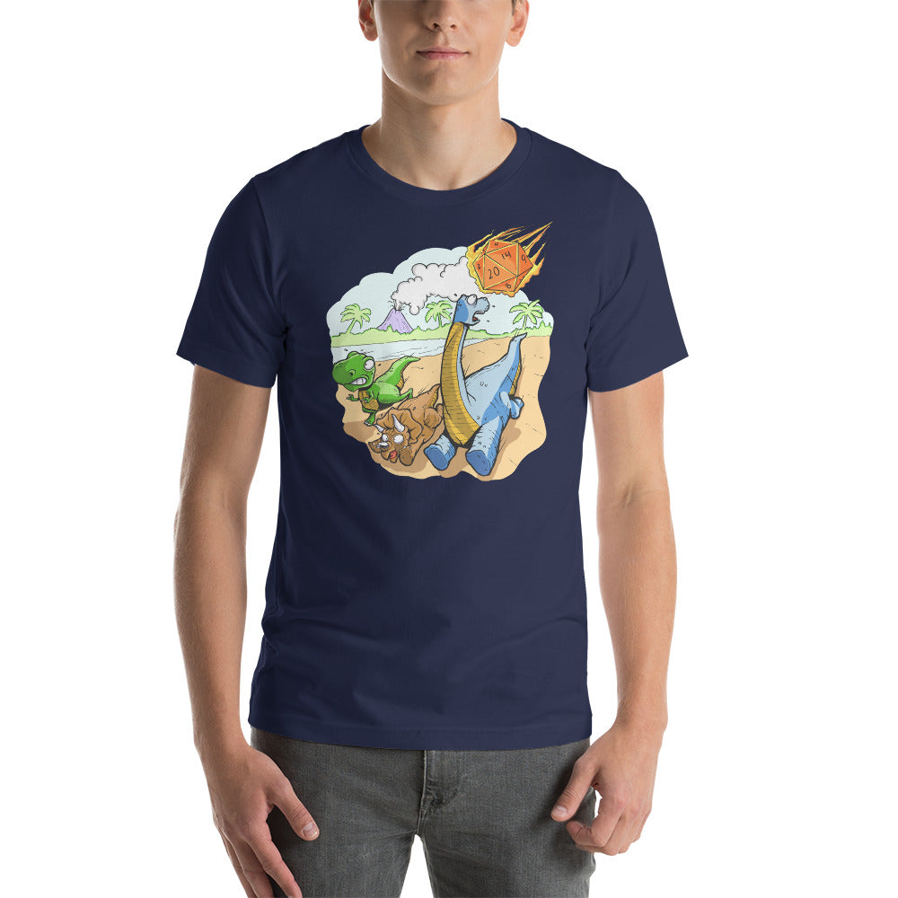 Dinosaurs Running from a D20 Dice Meteor Funny Unisex T-shirt