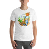 Dinosaurs Running from a D20 Dice Meteor Funny Unisex T-shirt