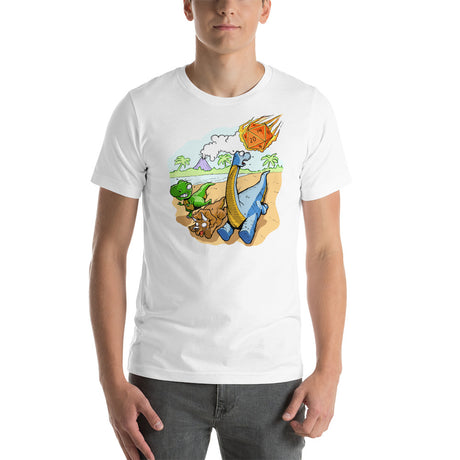 Dinosaurs Running from a D20 Dice Meteor Funny Unisex T-shirt