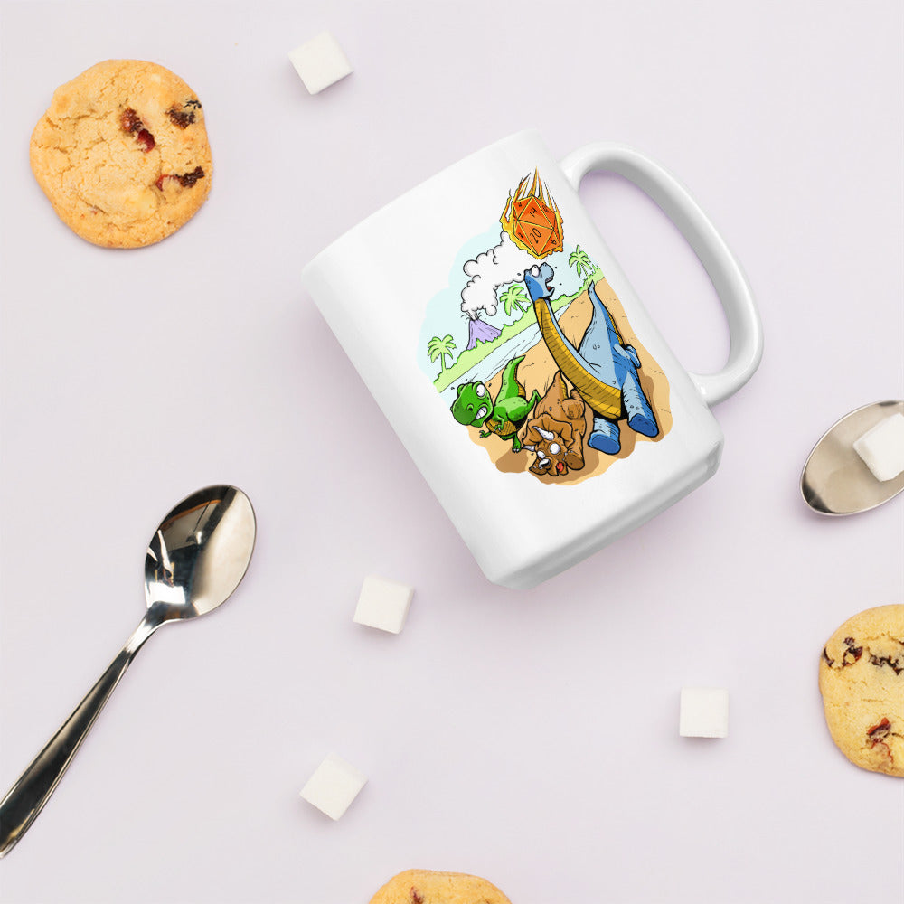 Dinosaurs Running from a D20 Dice Meteor Funny Double Sided Mug