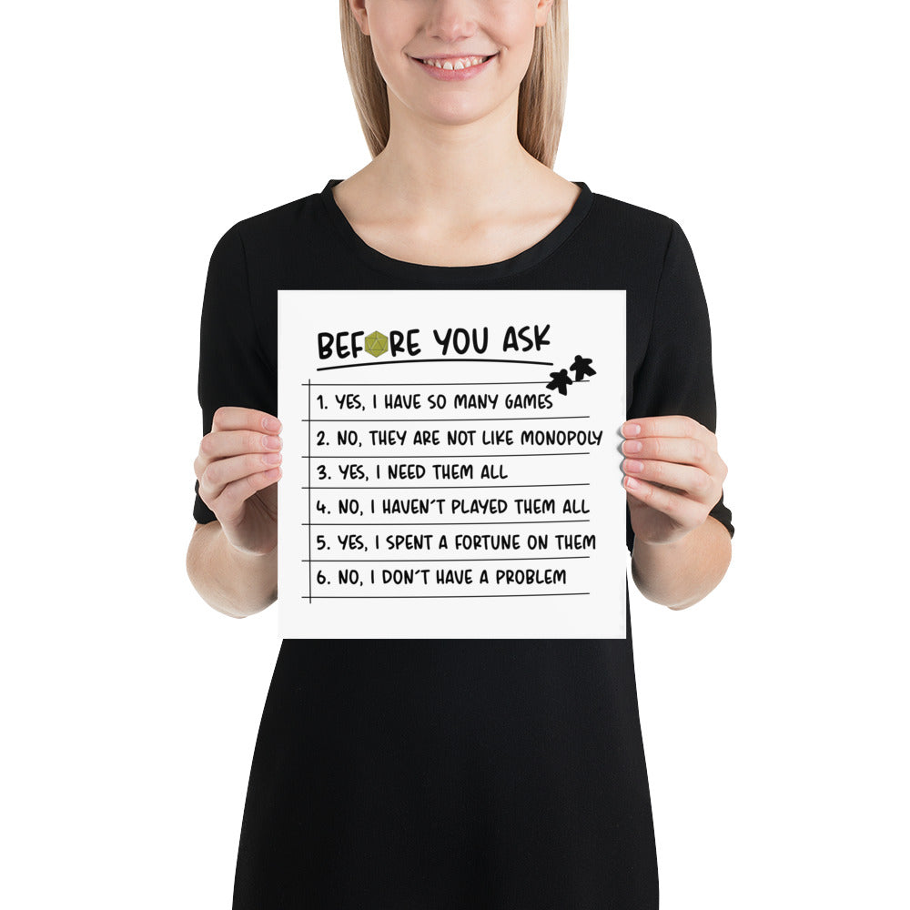 Before You Ask - Funny Board Game Poster