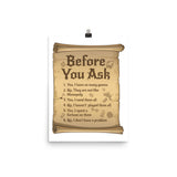 Before You Ask Funny Scroll Style Board Game Poster