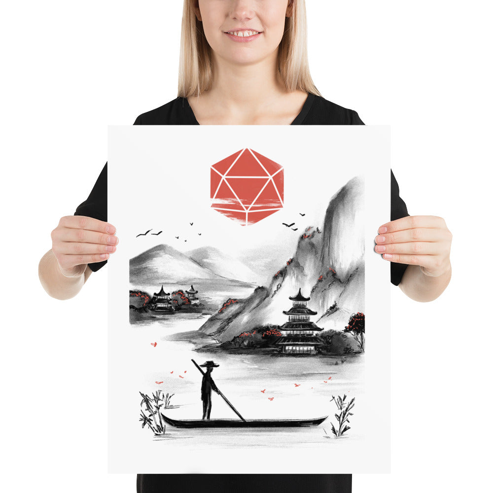 Japanese Sketch Style Art with D20 Dice Sun Poster