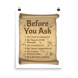 Before You Ask Funny Scroll Style Board Game Poster