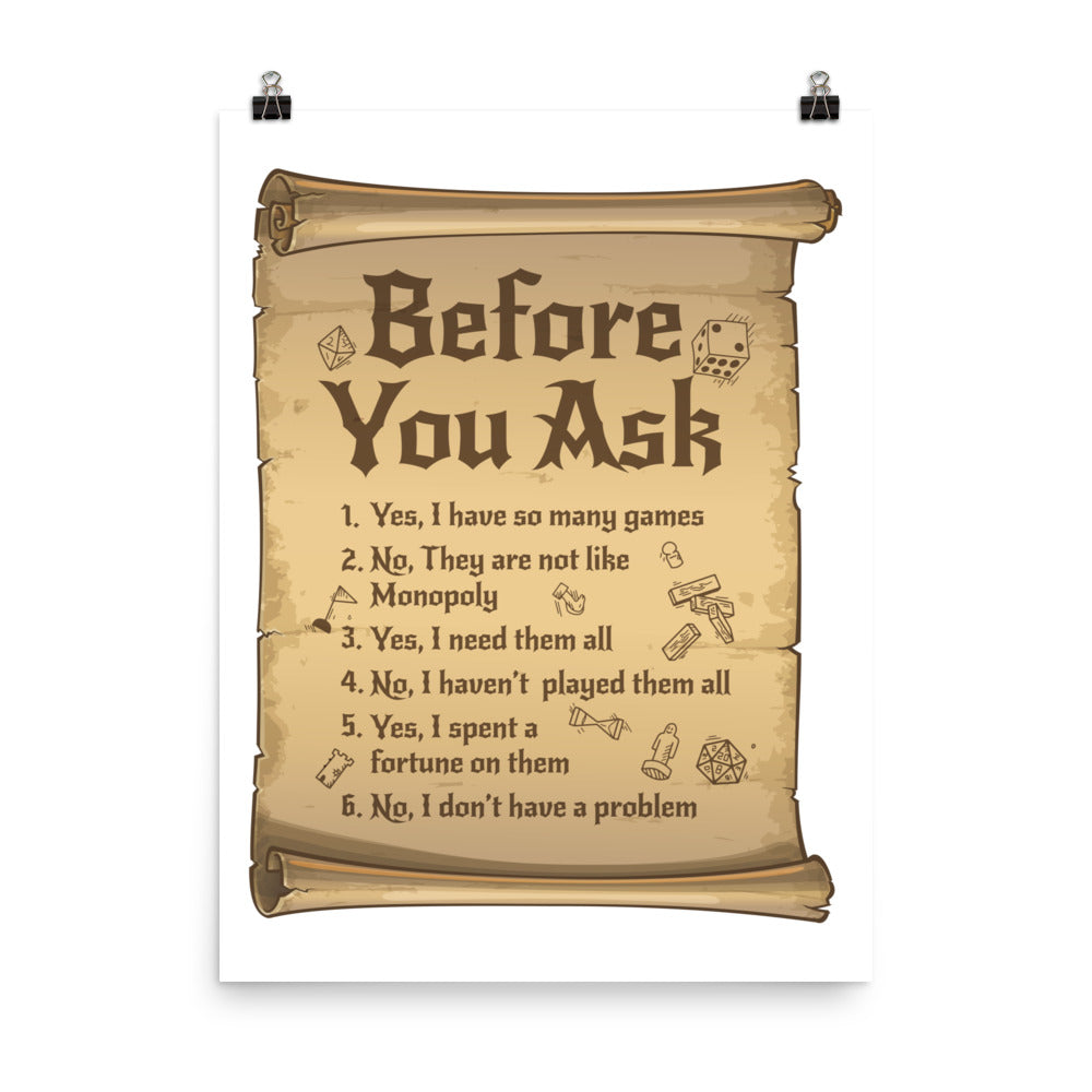 Before You Ask Funny Scroll Style Board Game Poster