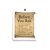 Before You Ask Funny Scroll Style Board Game Poster