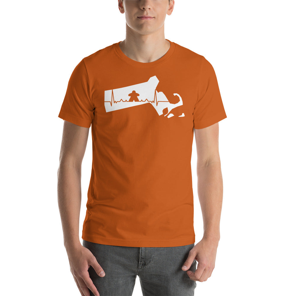 Board Game Meeple Heart Line in Massachusetts Map Silhouette Unisex T-Shirt