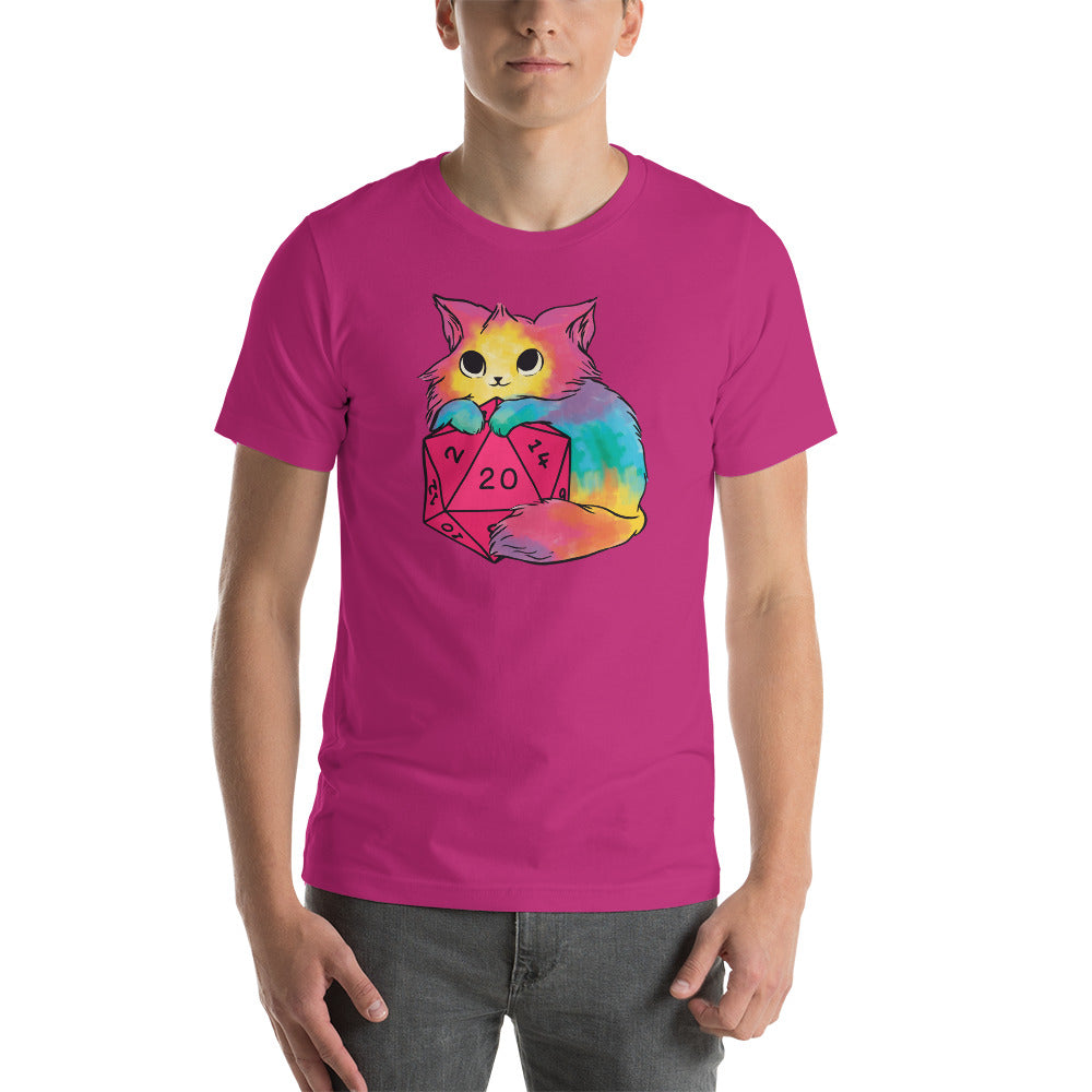 Cute Rainbow Cat Holding a D20 D&D Dice Unisex T-Shirt