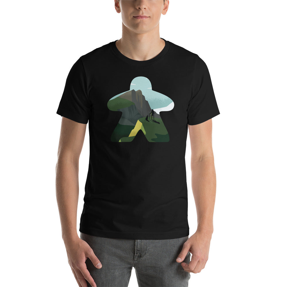 Board Game Meeple with Mountain View Inside with a Hiker and a Dog Unisex T-Shirt