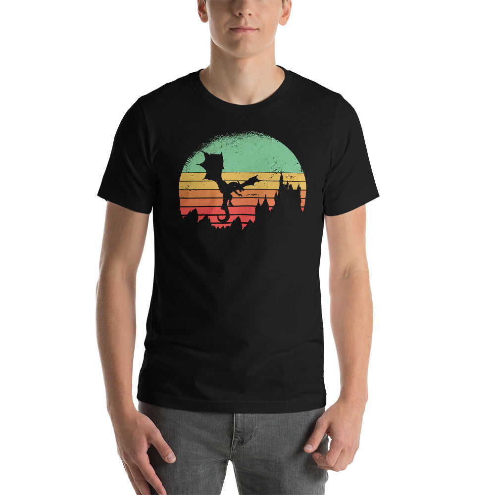 Dragon and Castle in a Retro Sunset Unisex T-Shirt