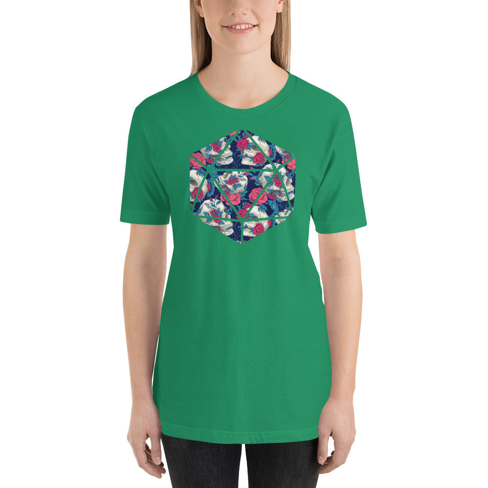 Floral Skulls Pattern in a D20 D&D Dice Unisex T-Shirt