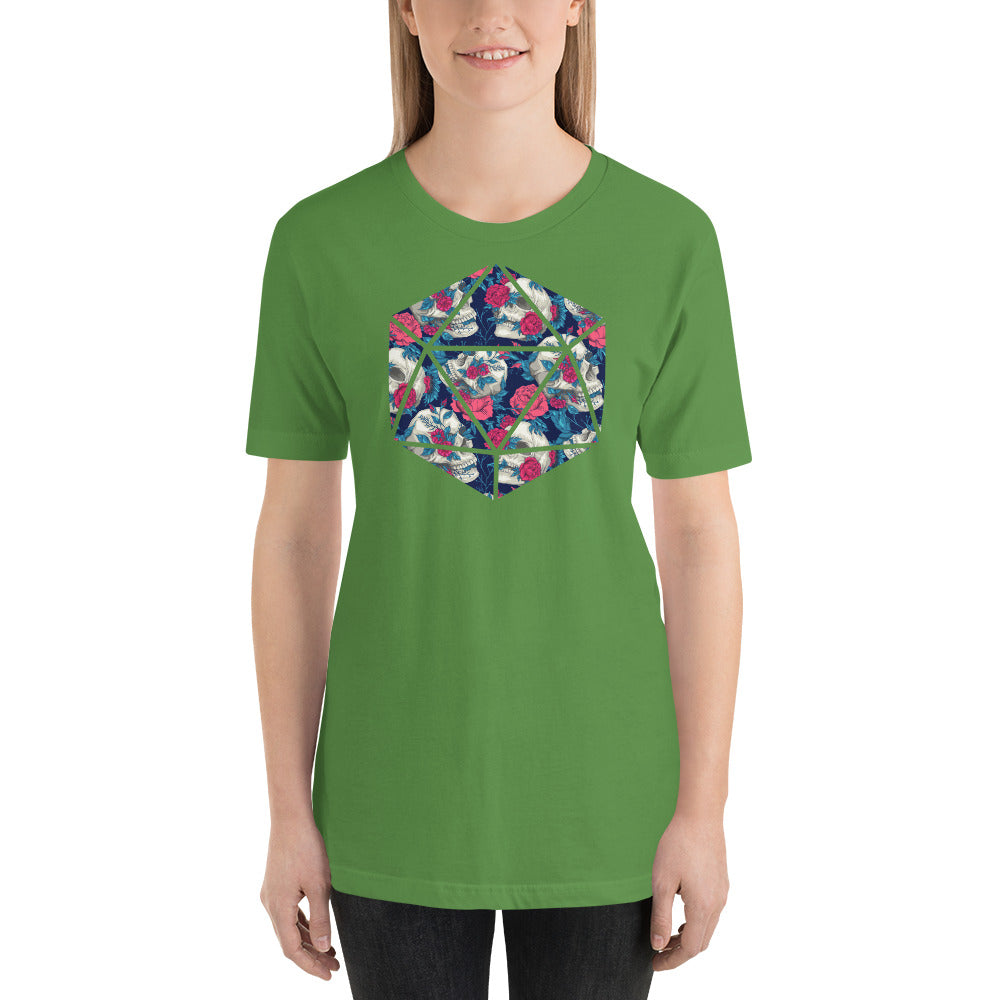 Floral Skulls Pattern in a D20 D&D Dice Unisex T-Shirt