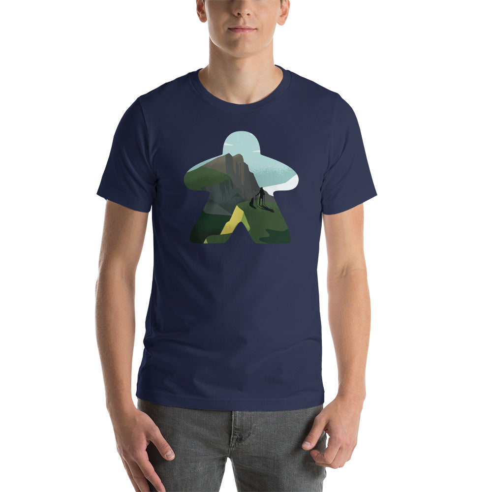 Board Game Meeple with Mountain View Inside with a Hiker and a Dog Unisex T-Shirt