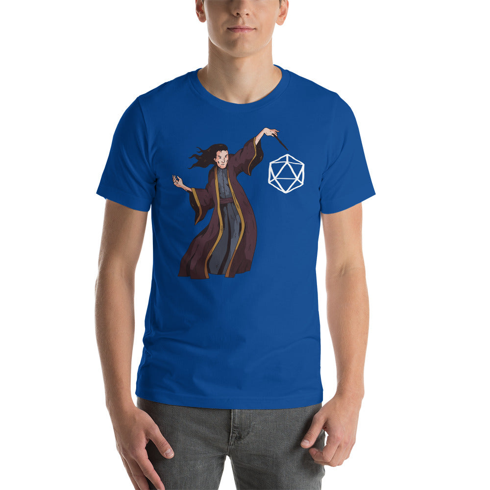 Wizard with a Wand Shaping a D20 D&D Dice in the Air Unisex T-Shirt