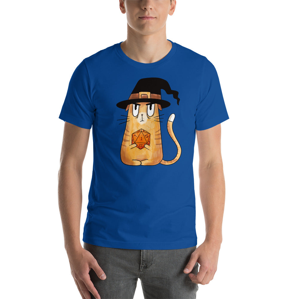 Grumpy Cat with Hat Holding a D20 D&D Dice Unisex T-Shirt