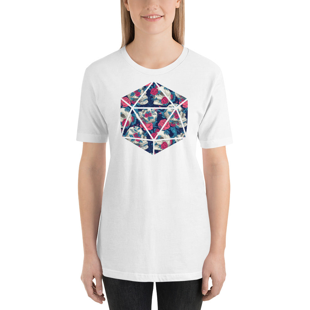 Floral Skulls Pattern in a D20 D&D Dice Unisex T-Shirt