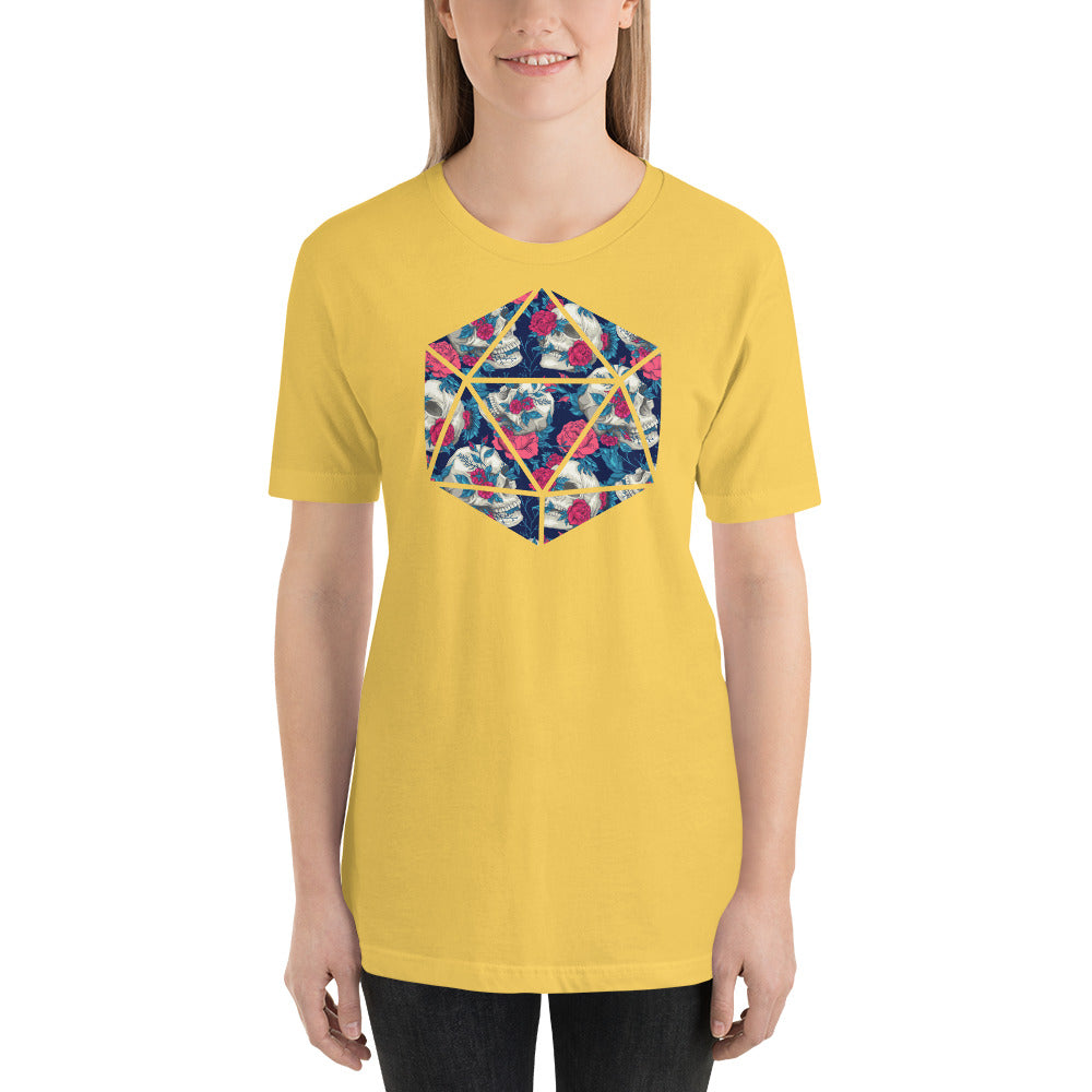 Floral Skulls Pattern in a D20 D&D Dice Unisex T-Shirt