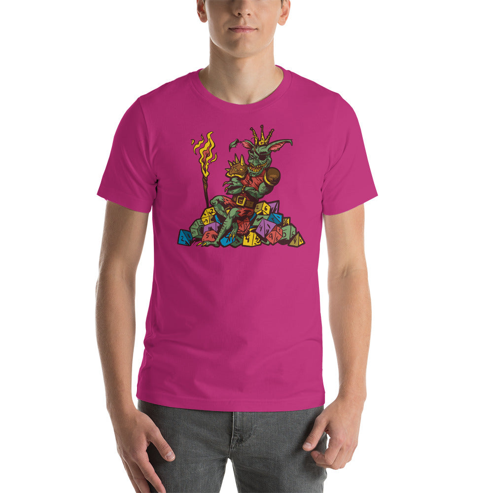 Goblin Sitting on a Pile of Colourful D&D Role Playing Game Dice Unisex T-Shirt