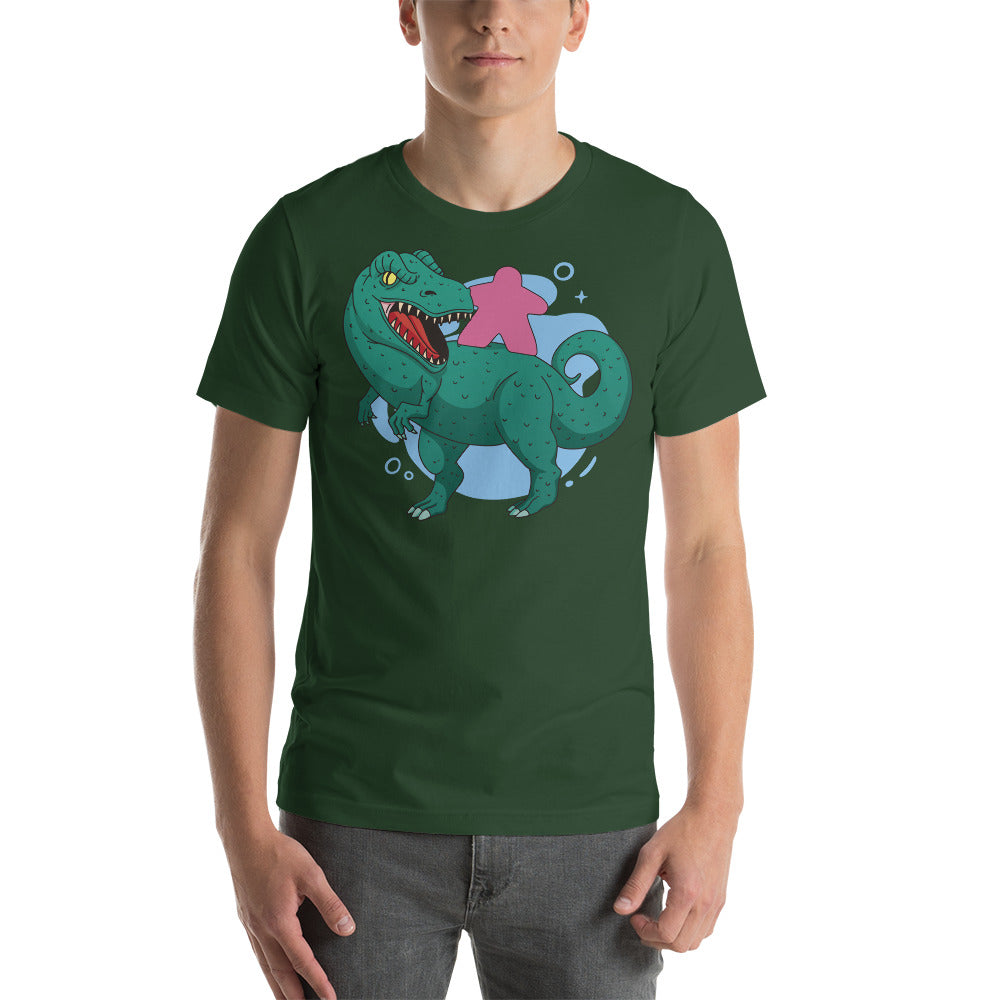 Pink Board Game Meeple on a Dinosaur Unisex T-Shirt