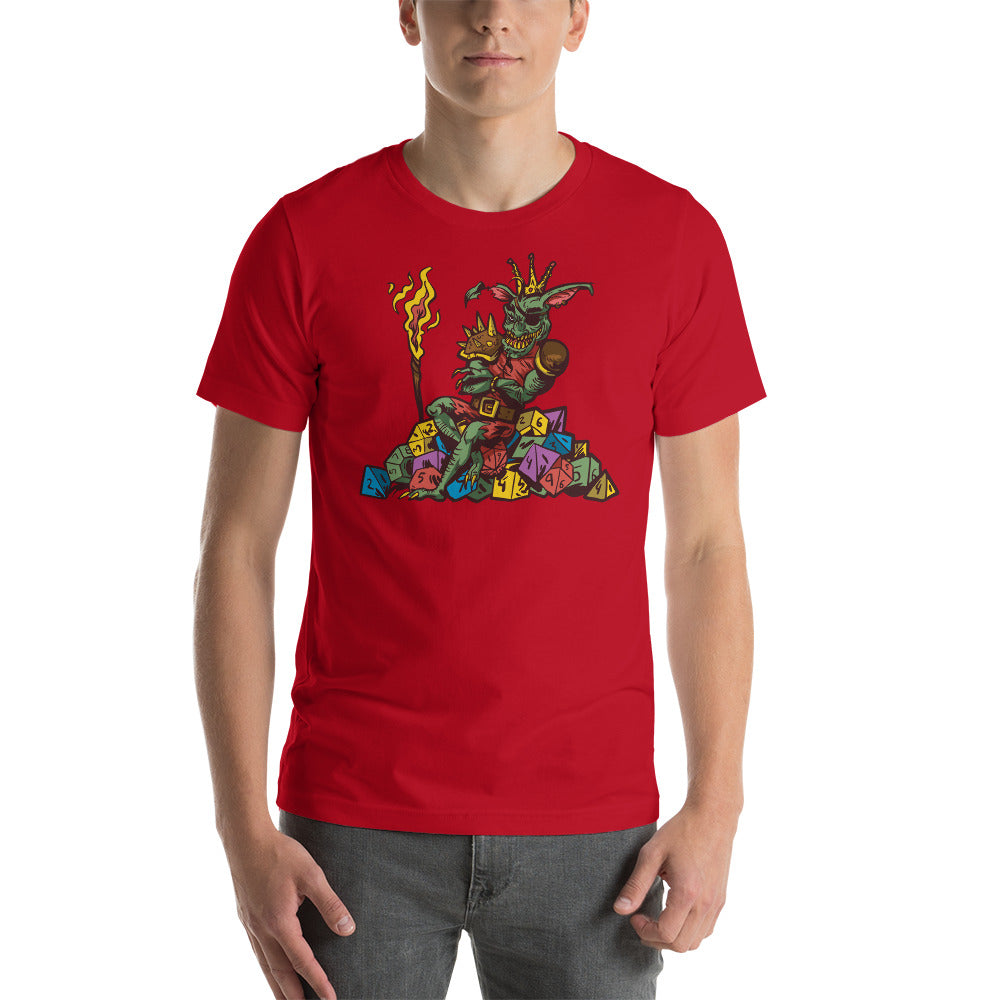 Goblin Sitting on a Pile of Colourful D&D Role Playing Game Dice Unisex T-Shirt