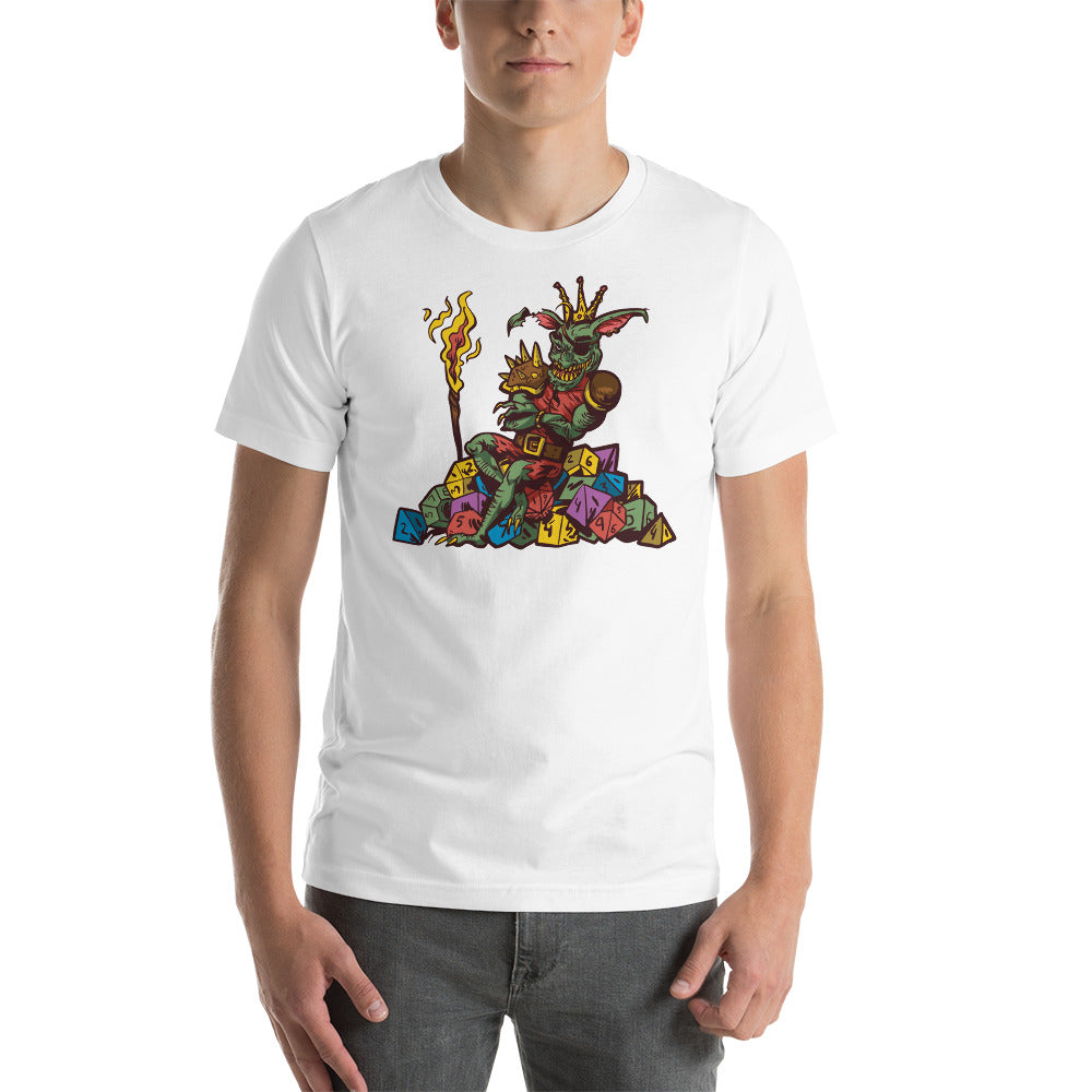 Goblin Sitting on a Pile of Colourful D&D Role Playing Game Dice Unisex T-Shirt