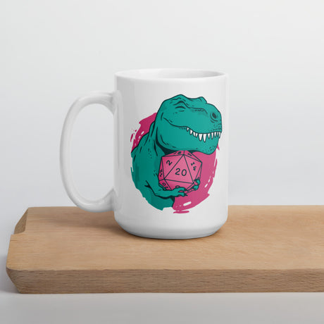 T-Rex Dinosaur Holding D20 D&D / DND Role Playing Game Dice - Funny Board Game Mug - Double Sided